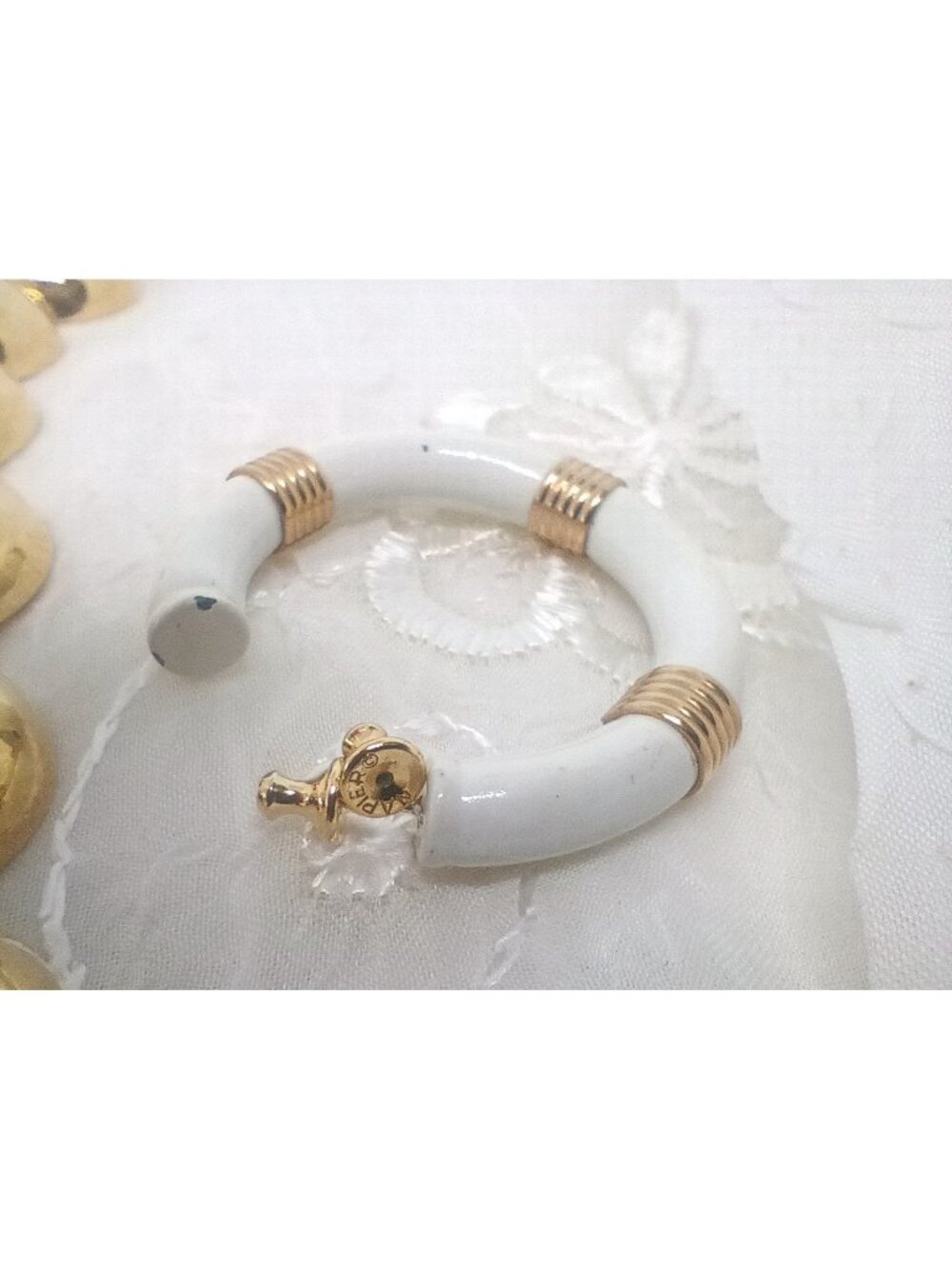 Vtg Monet Lot Bracelet Earring ~Gently loved Gold Half Sphere, White Lucky Charm - Picture 8 of 14